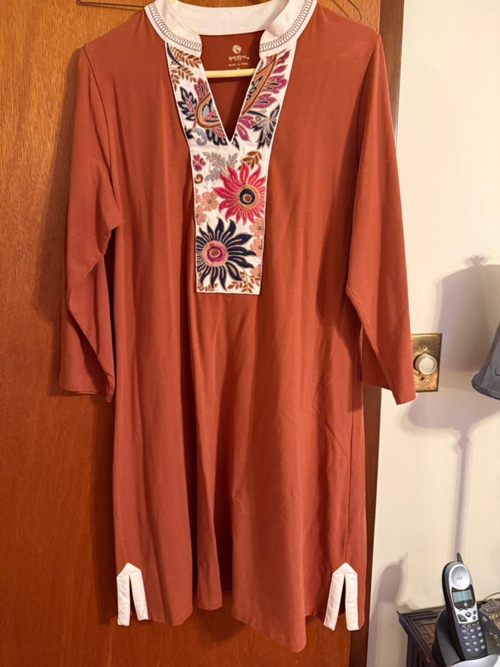 Spartina 449 Rust Long-Sleeve Tunic Dress with Embroidered Placket